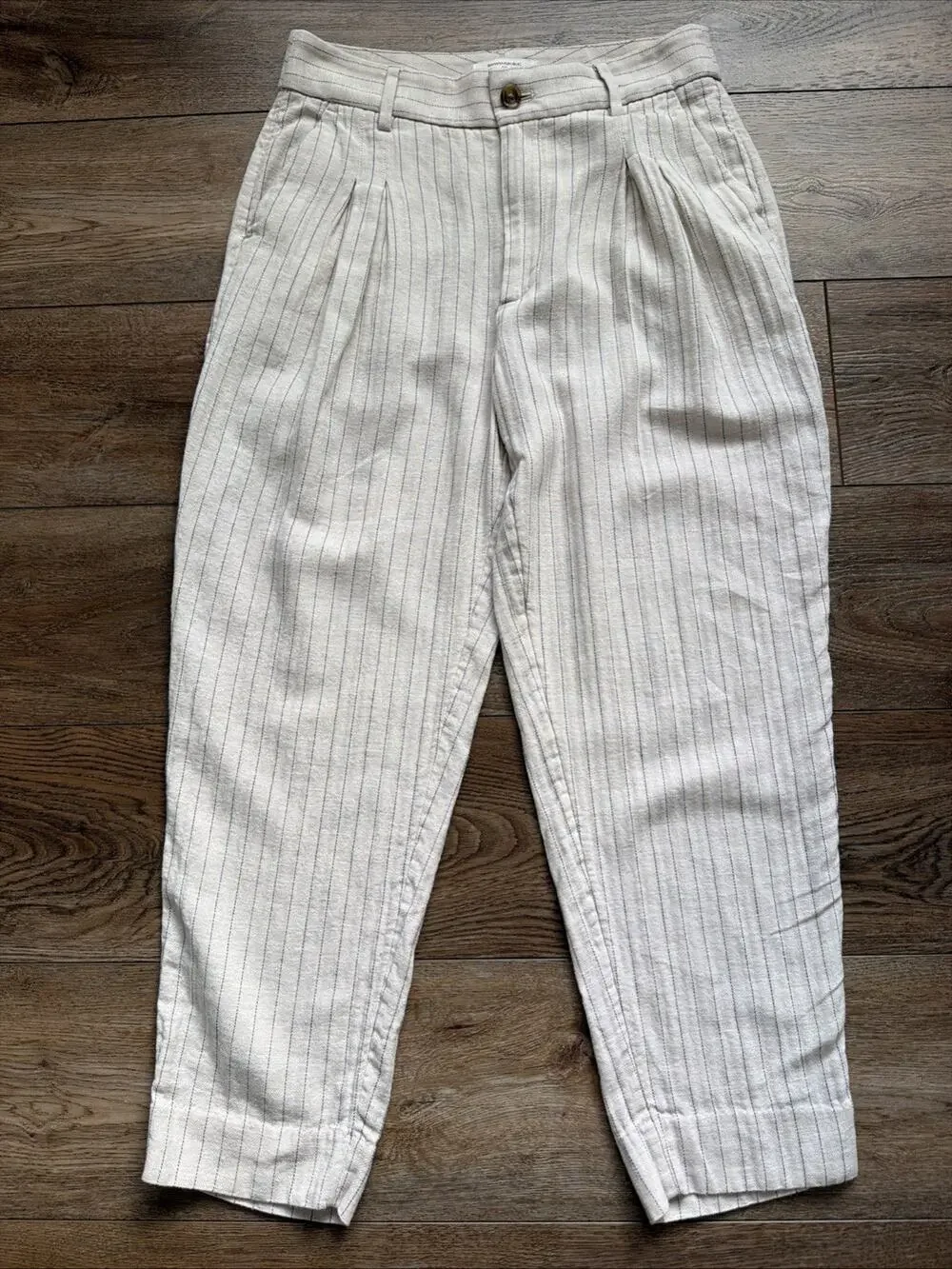 Banana Republic Factory Linen-Blend Pants Women 6 Beige Striped Pleated Academia